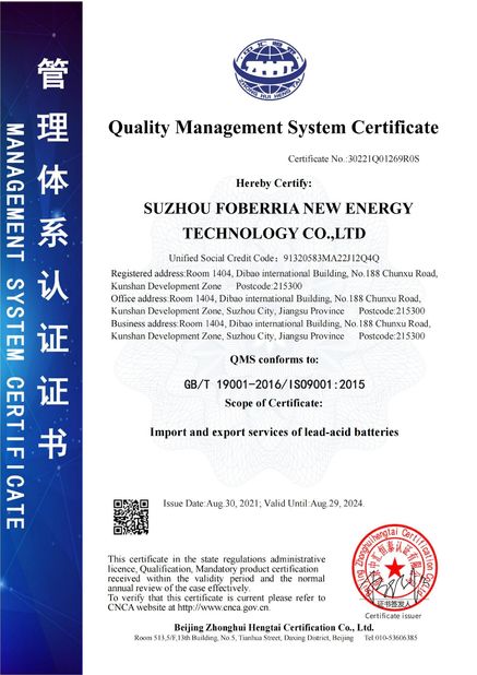 چین SUZHOU FOBERRIA NEW ENERGY TECHNOLOGY CO.,LTD. گواهینامه ها